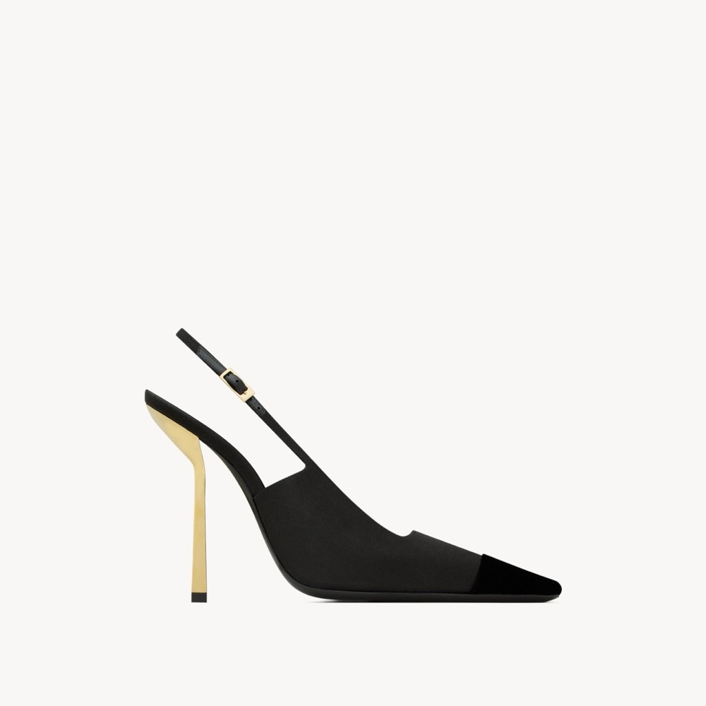YSL Saint Laurent INES Slingback Pumps Satin Crepe Velvet Black 38 8 7.5 $1,050